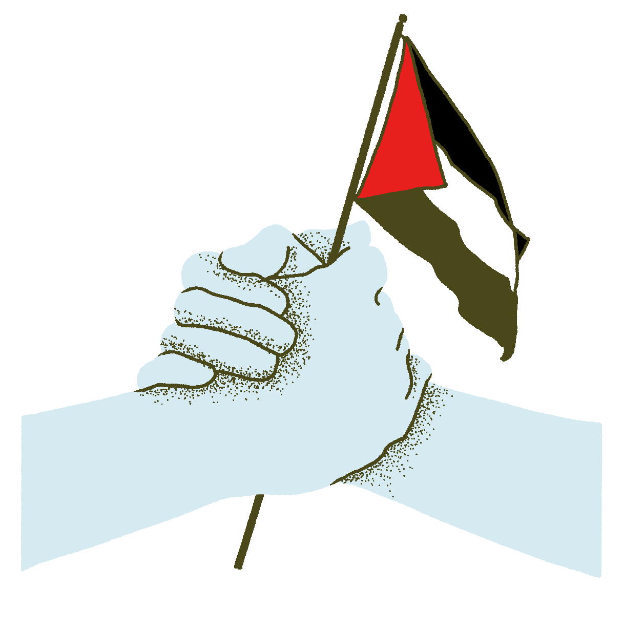 Two hands clasped, holding a Palestinian flag.